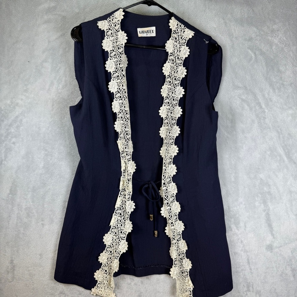 Navy Vest Lace Trim Medium Chic Boho Modest Layering